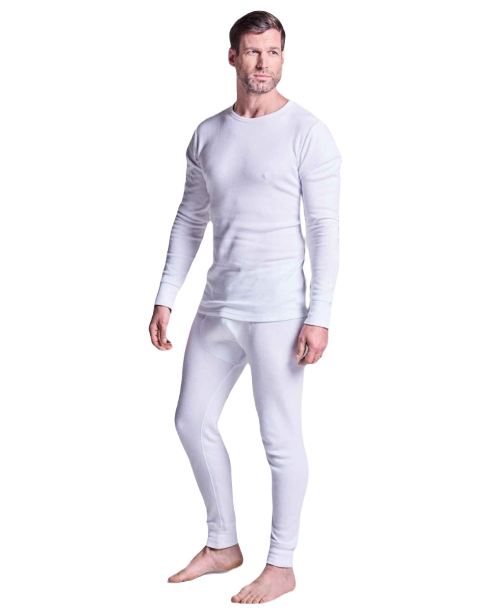 White coloured HJ Hall Mens Cotton Rich Thermal Long Sleeve Top on white background 