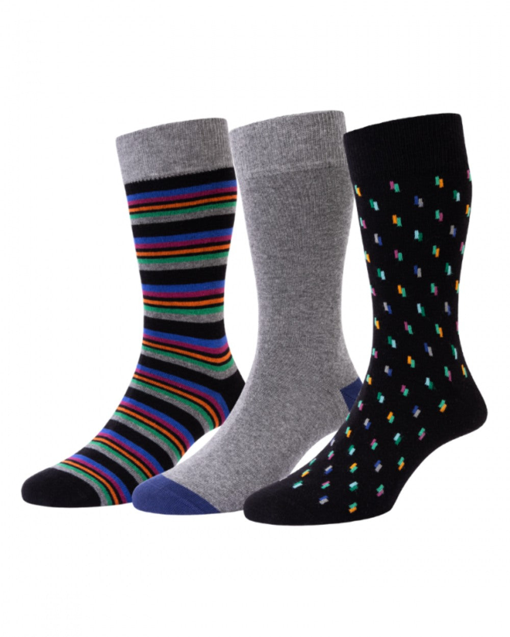 Black Grey Mix coloured HJ Hall Mens Dash &amp; Stripe Cotton Rich Socks 3 Pair Pack on white background 