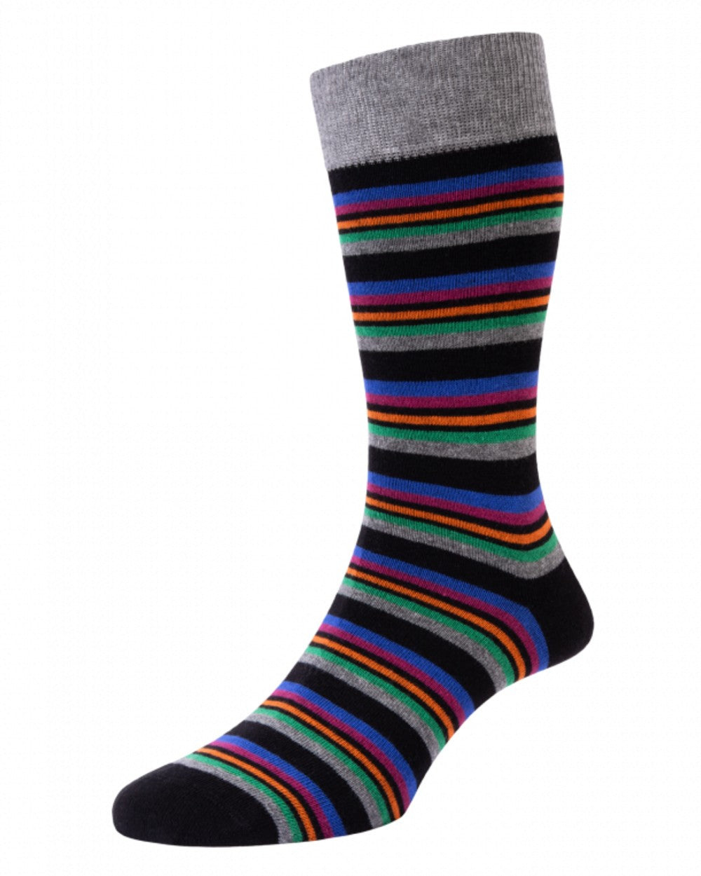 Black Grey Mix coloured HJ Hall Mens Dash &amp; Stripe Cotton Rich Socks 3 Pair Pack on white background 
