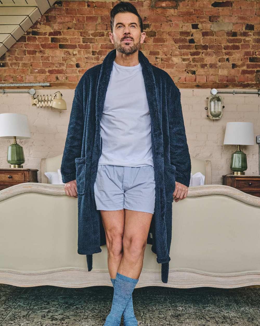Navy Coloured HJ Hall Mens Dressing Gown on indoor background 