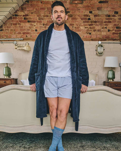 Navy Coloured HJ Hall Mens Dressing Gown on indoor background 