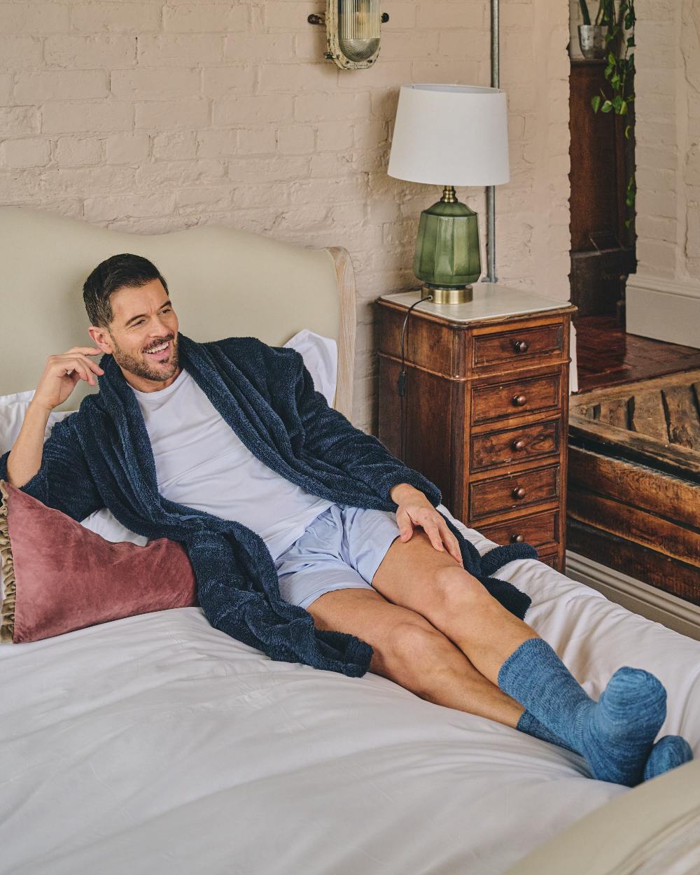 Navy Coloured HJ Hall Mens Dressing Gown on indoor background 