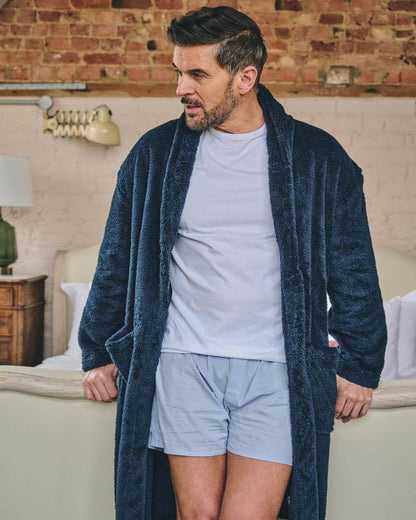 Navy Coloured HJ Hall Mens Dressing Gown on indoor background 