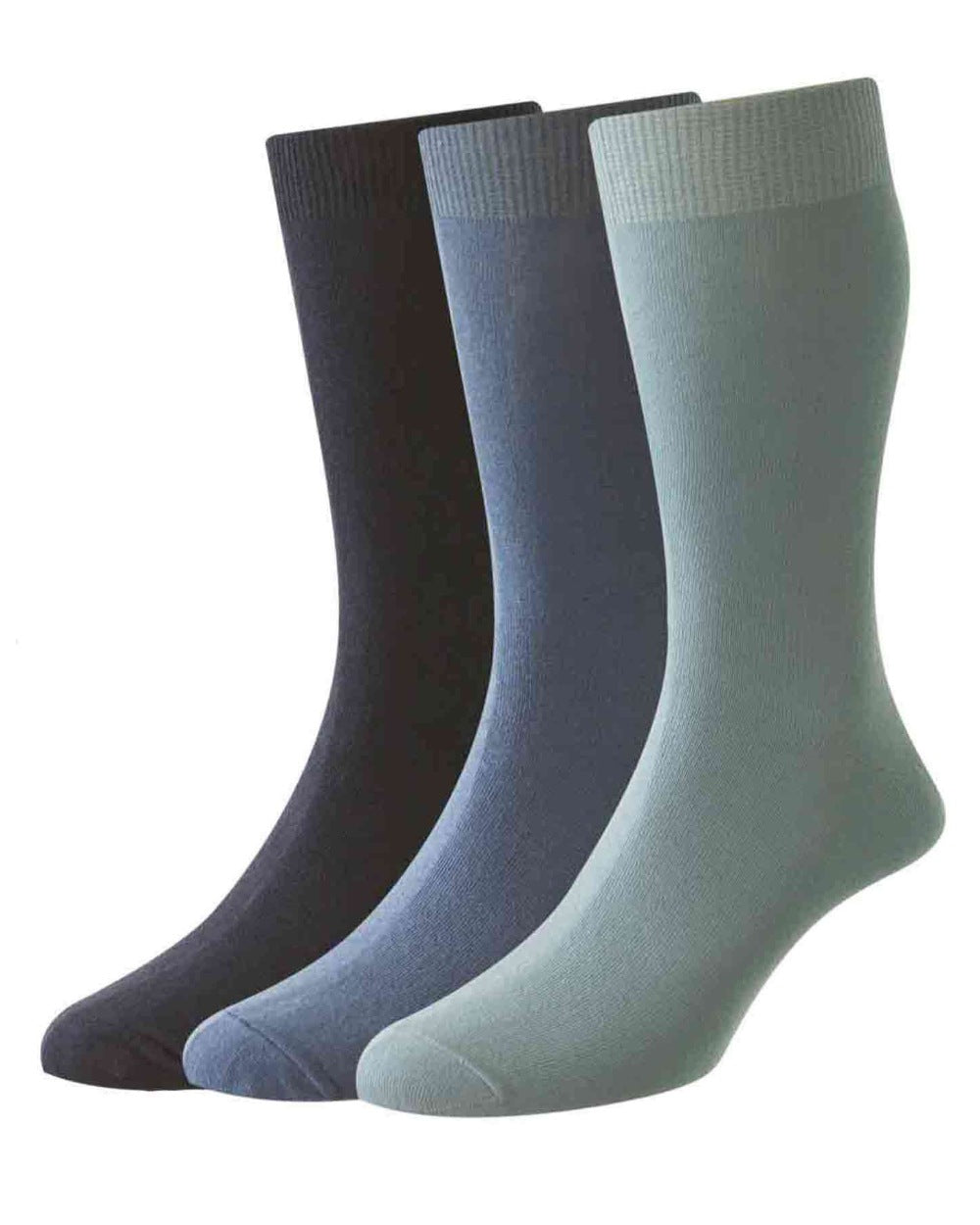 Navy Light Blue Denim coloured HJ Hall Mens Executive Plain Knit Socks 3 Pair Pack on white background 