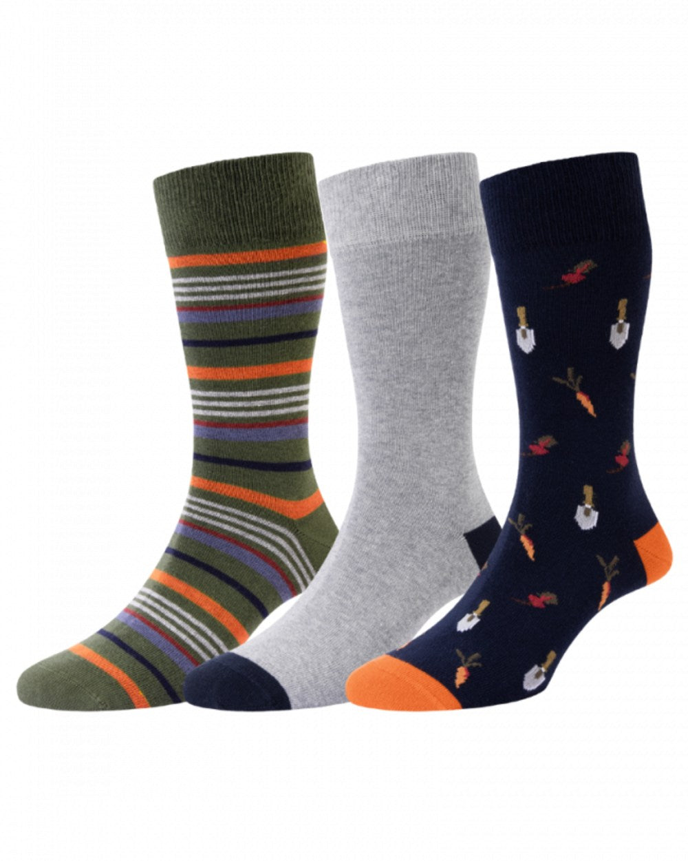 Navy Mix coloured HJ Hall Mens Garden Vegetables Motif Cotton Rich Socks 3 Pair Pack on white background 