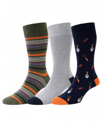 Navy Mix coloured HJ Hall Mens Garden Vegetables Motif Cotton Rich Socks 3 Pair Pack on white background 
