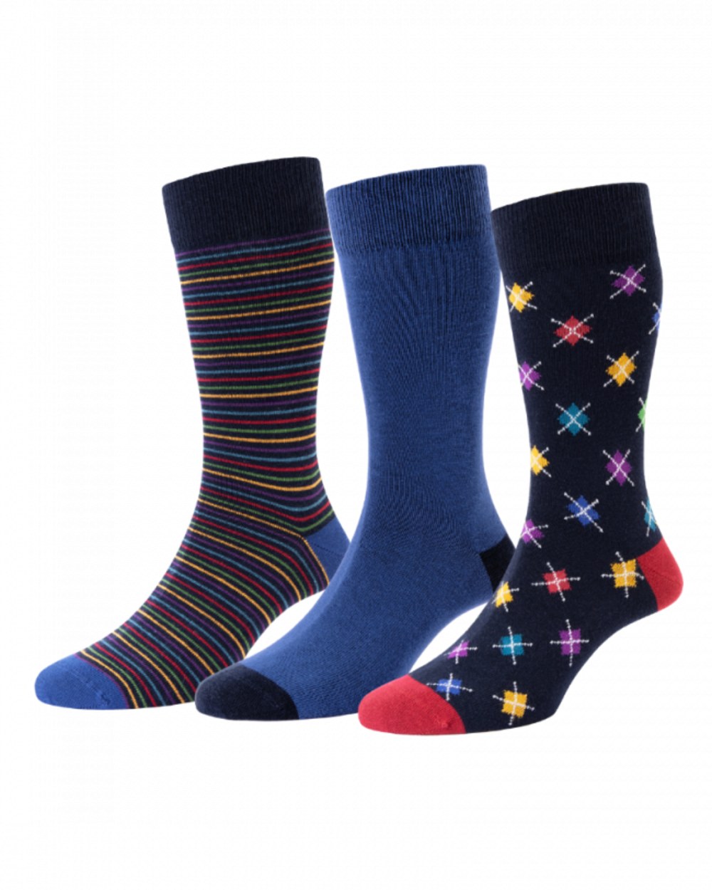 Navy Mix coloured HJ Hall Mens Mini Argyle &amp; Stripe Cotton Rich Socks on white background 