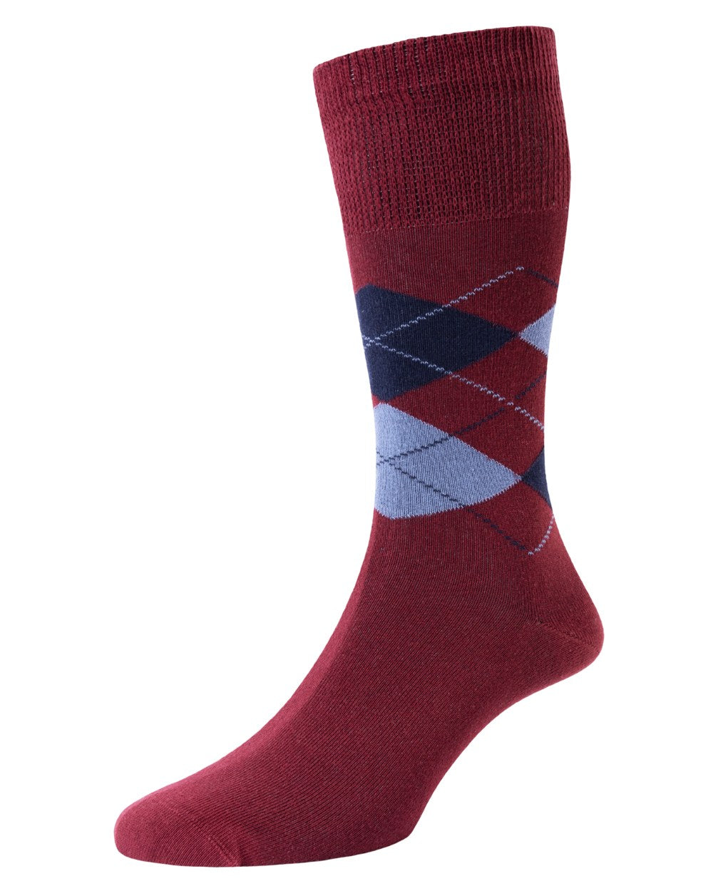 Wine coloured HJ Hall Mens Organic Cotton Comfort Top Socks on white background 