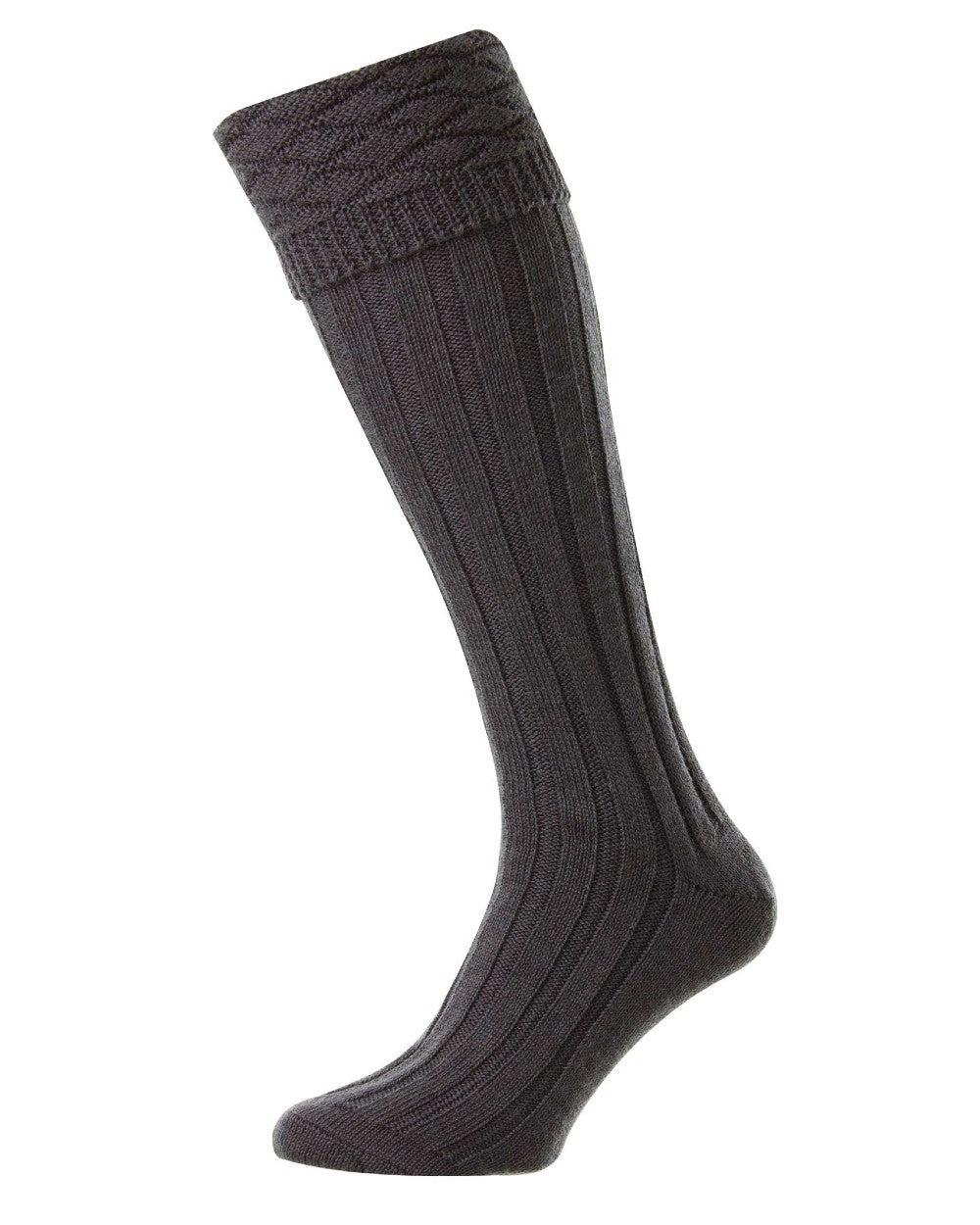 Charcoal coloured HJ Hall Mens Premium Wool Blend Kilt Socks on white background 