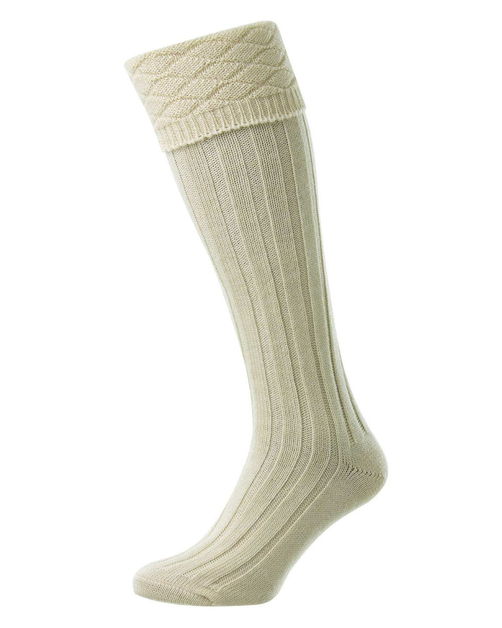Ecru coloured HJ Hall Mens Premium Wool Blend Kilt Socks on white background 