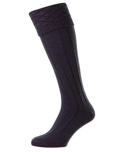 Navy coloured HJ Hall Mens Premium Wool Blend Kilt Socks on white background 