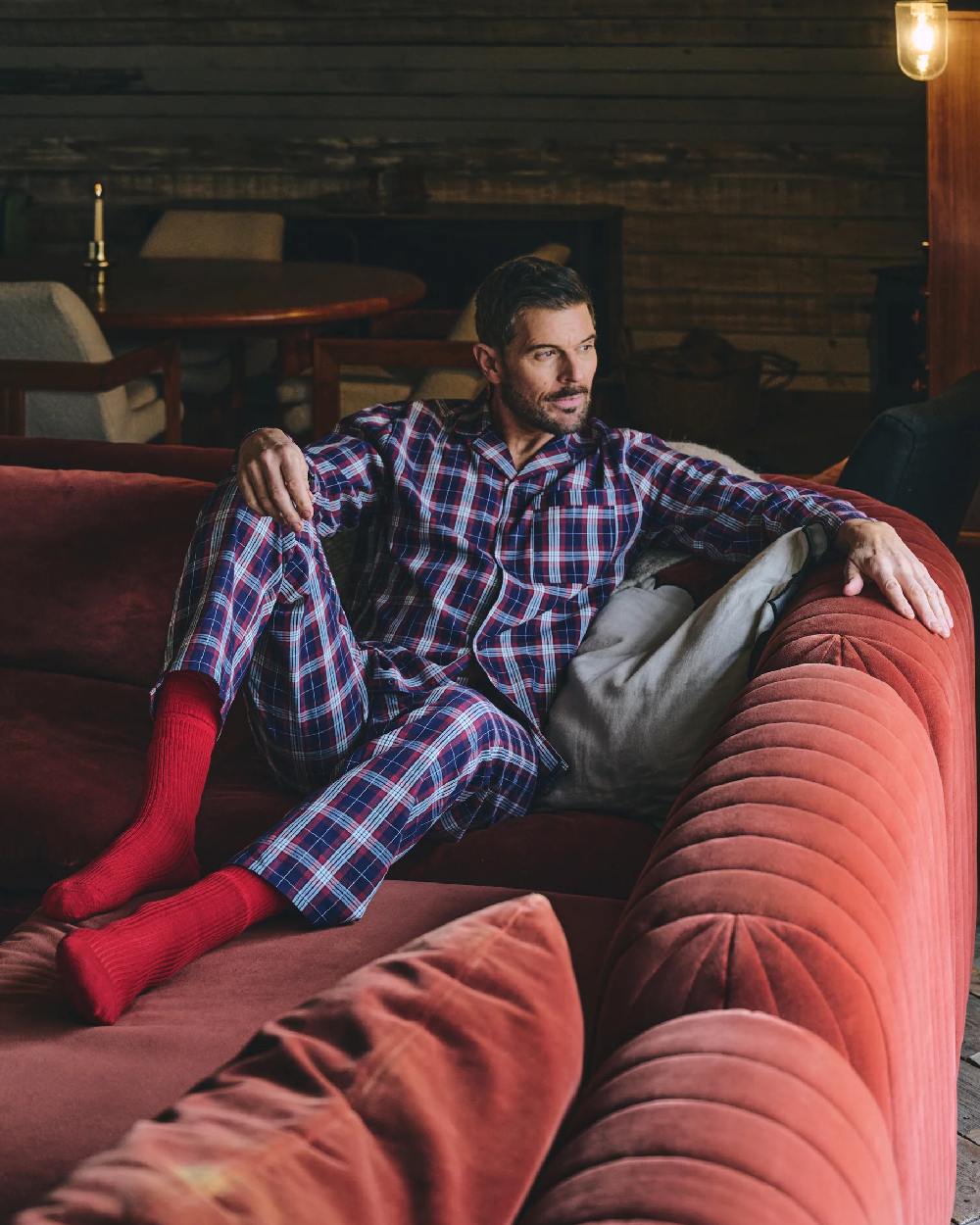 Red Navy Check Coloured HJ Hall Mens Pure Cotton Brushed Pyjamas on indoor background 