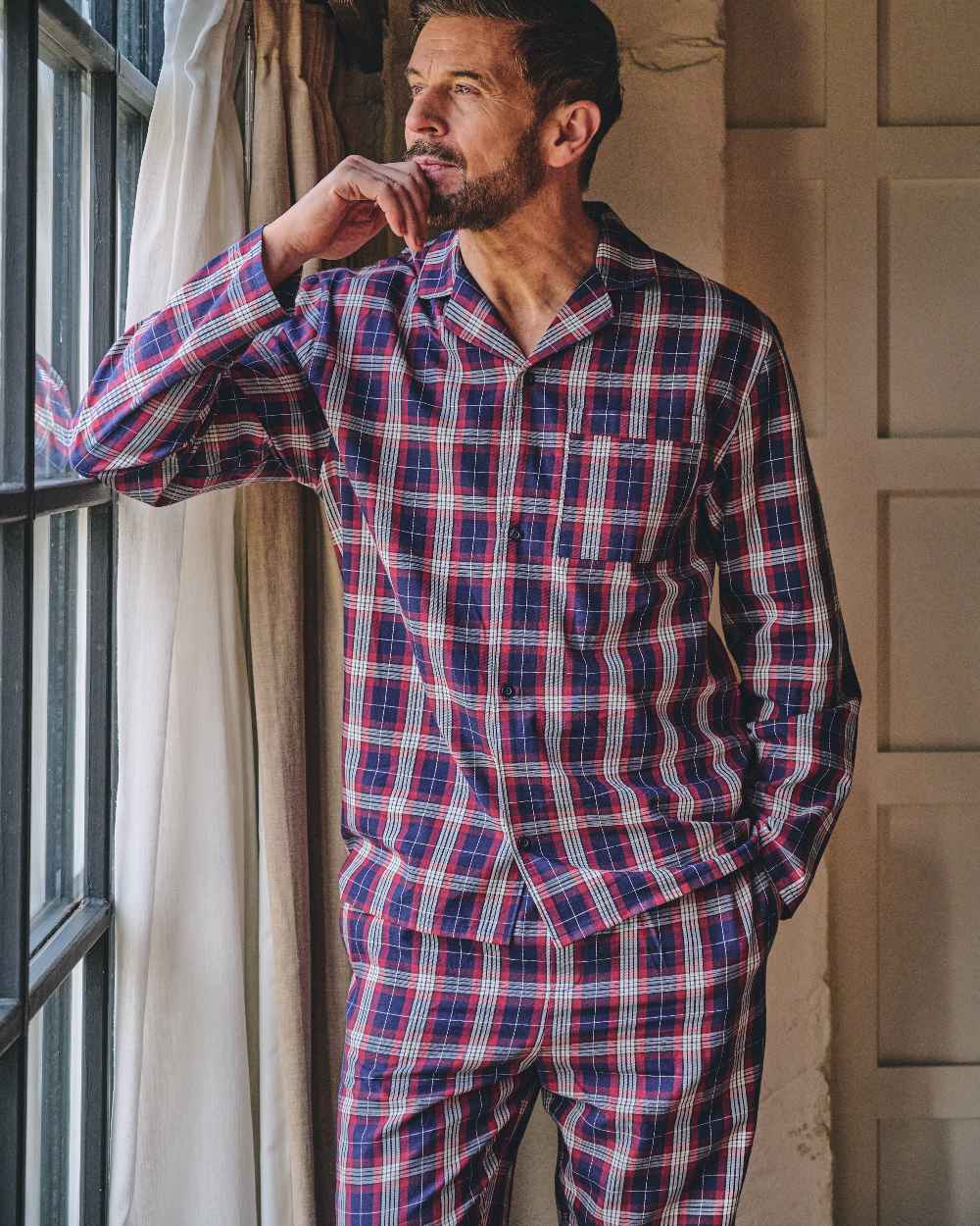Red Navy Check Coloured HJ Hall Mens Pure Cotton Brushed Pyjamas on indoor background 