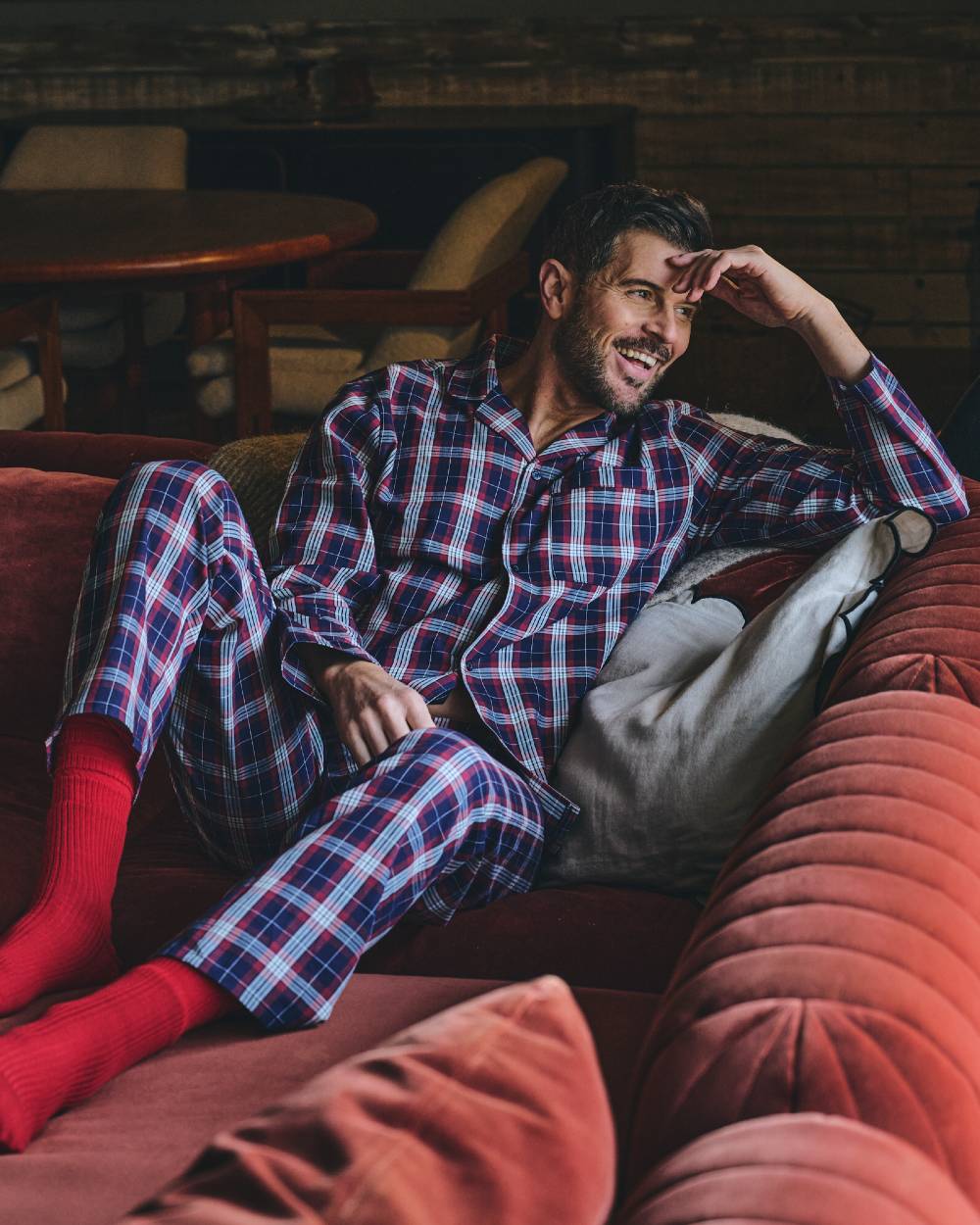Red Navy Check Coloured HJ Hall Mens Pure Cotton Brushed Pyjamas on indoor background 