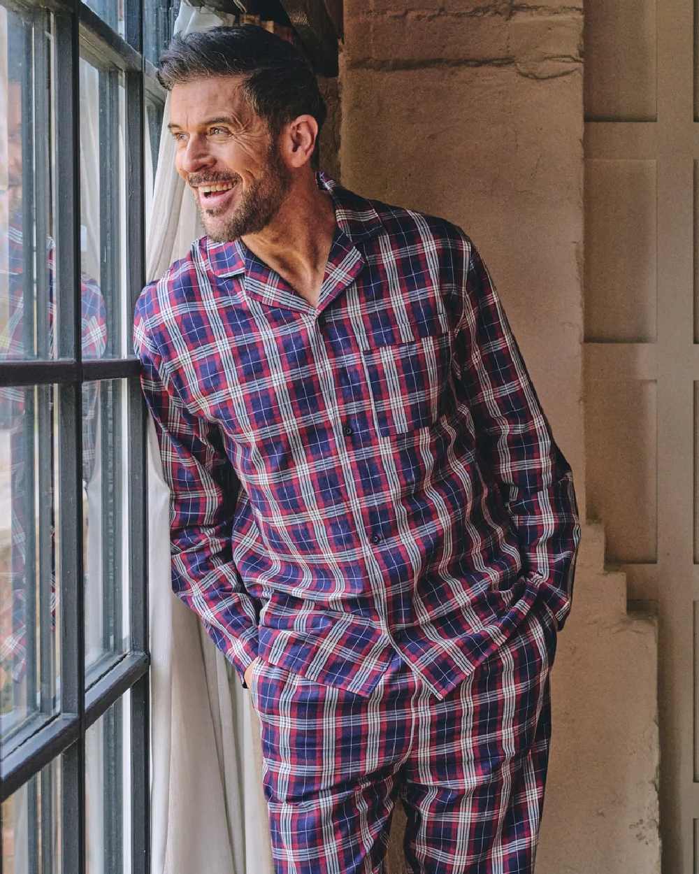 Red Navy Check Coloured HJ Hall Mens Pure Cotton Brushed Pyjamas on indoor background 
