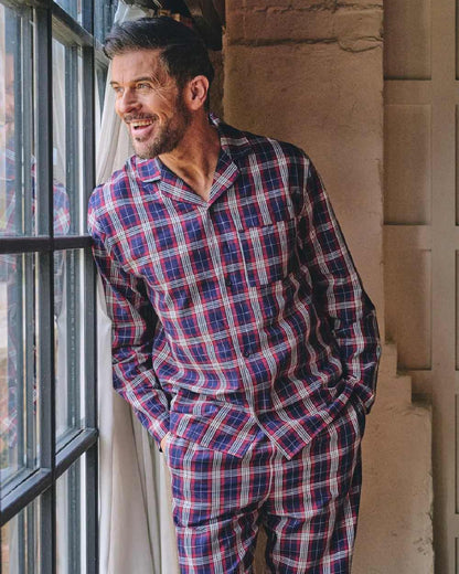 Red Navy Check Coloured HJ Hall Mens Pure Cotton Brushed Pyjamas on indoor background 