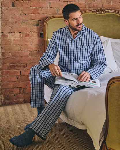 Blue Check Coloured HJ Hall Mens Pure Cotton Pyjamas on indoor background 