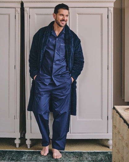 Dark Blue Coloured HJ Hall Mens Pure Cotton Pyjamas on indoor background 