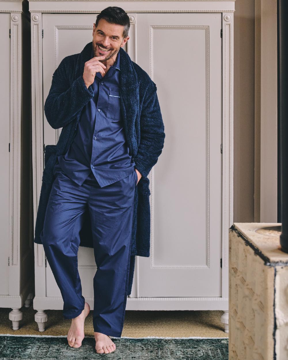 Dark Blue Coloured HJ Hall Mens Pure Cotton Pyjamas on indoor background 