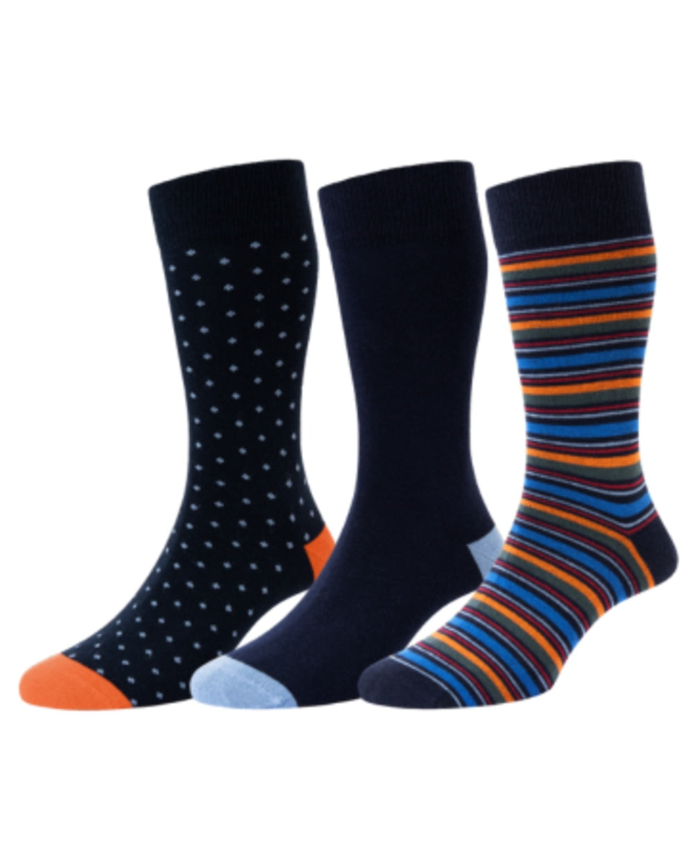 Navy Mix coloured HJ Hall Mens Stripe &amp; Spot Cotton Rich Socks 3 Pair Pack on white background 