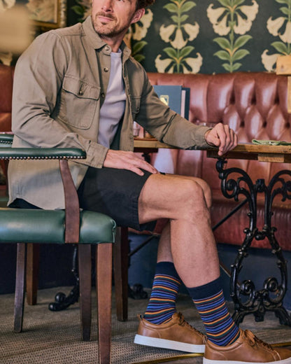 Navy Mix coloured HJ Hall Mens Stripe &amp; Spot Cotton Rich Socks 3 Pair Pack on outdoor background 