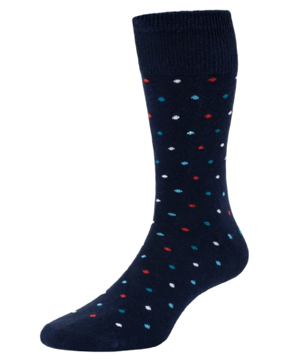 Navy coloured HJ Hall Mini Spot Comfort Top Socks on white background 