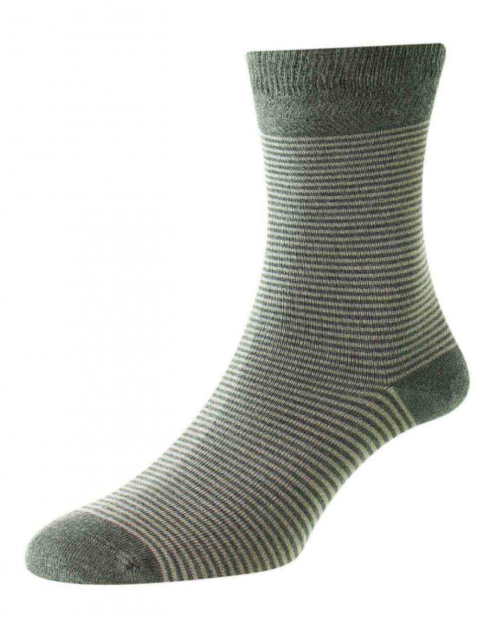 Grey Light Khaki coloured HJ Hall Narrow Stripe Bamboo Comfort Top Socks on white background 