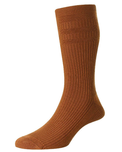 Chestnut coloured HJ Hall Original Cotton Soft Top Socks on white background 