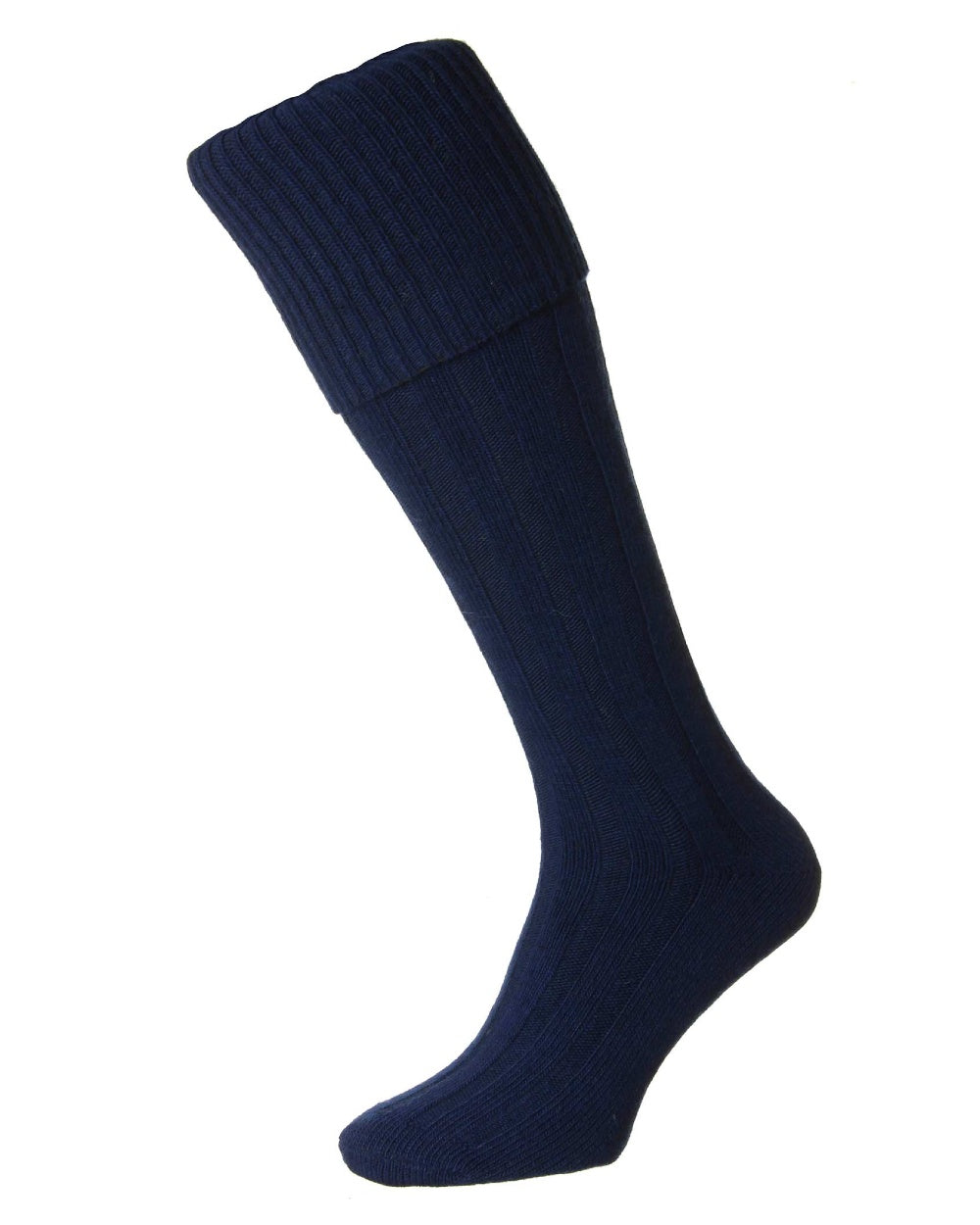 Navy coloured HJ Hall Ribbed Stripe Economy Kilt Socks on white background 