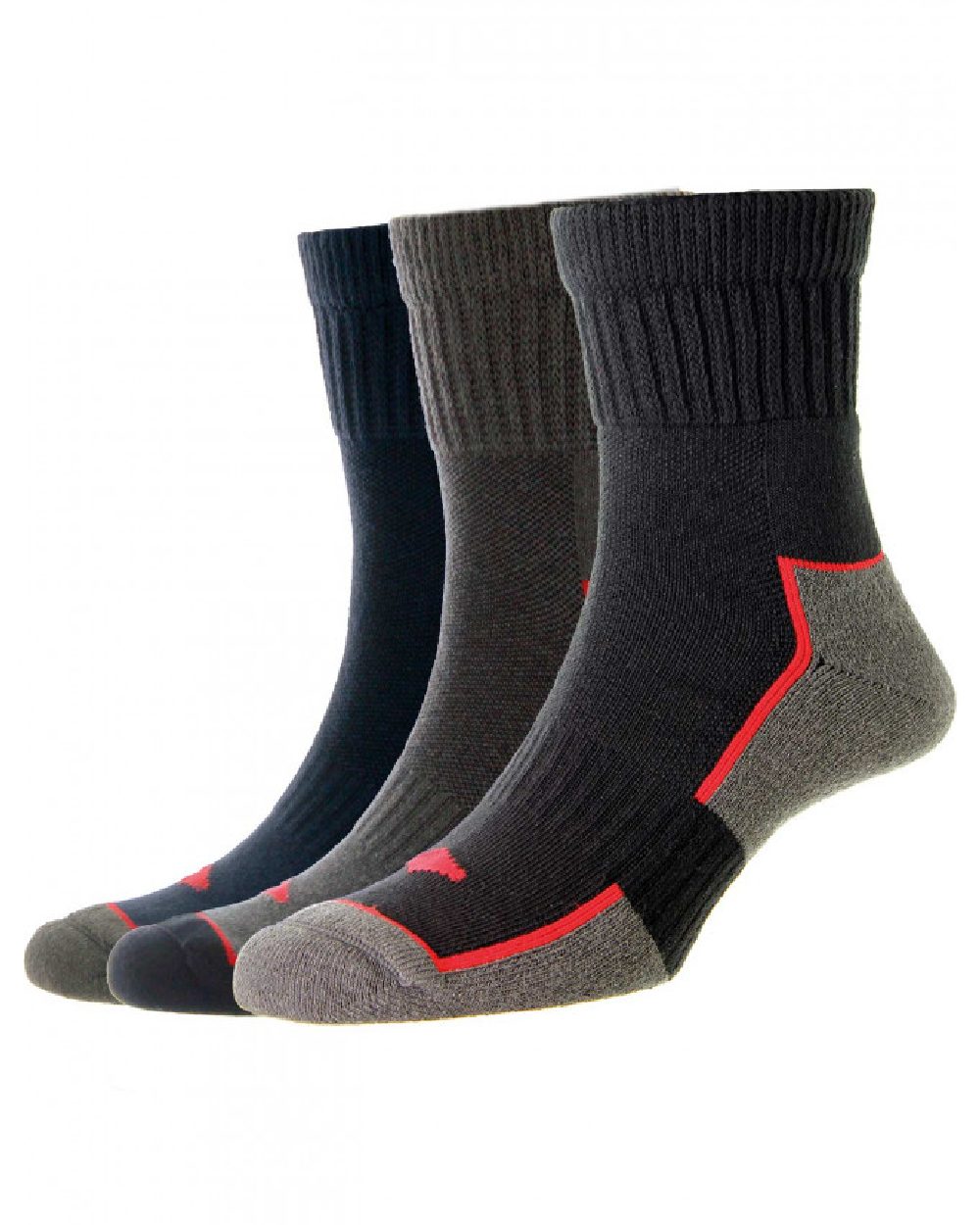 Black Grey Navy coloured HJ Hall Short Work Sock Triple Pack on white background 