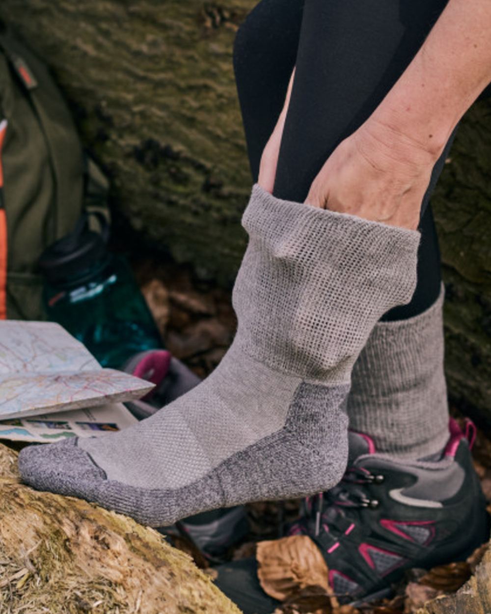 Light Grey coloured HJ Hall Technical Rambler All Season Comfort Cotton &amp; Wool Blend Socks on outdoor background 
