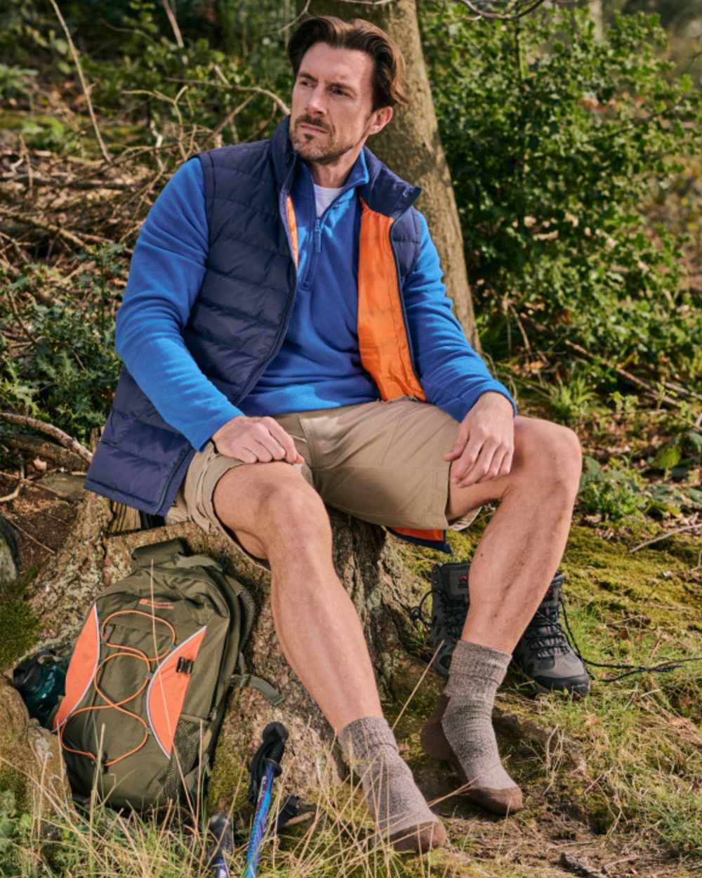 Brown coloured HJ Hall Technical Rambler Anti-Blister Dual Layer Wool Socks on forest background 