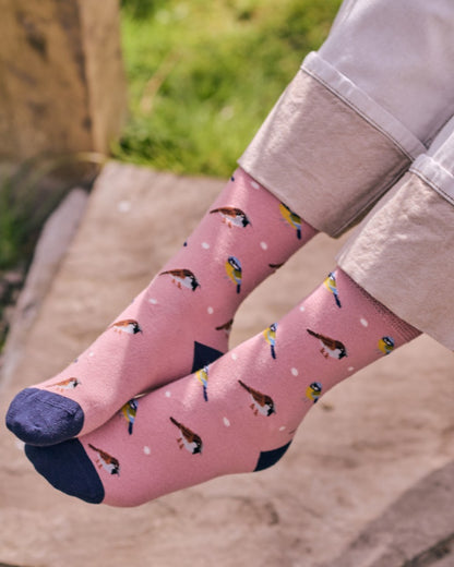 Pink coloured HJ Hall Womens Garden Birds Motif Cotton Comfort Top Socks on outdoor background 