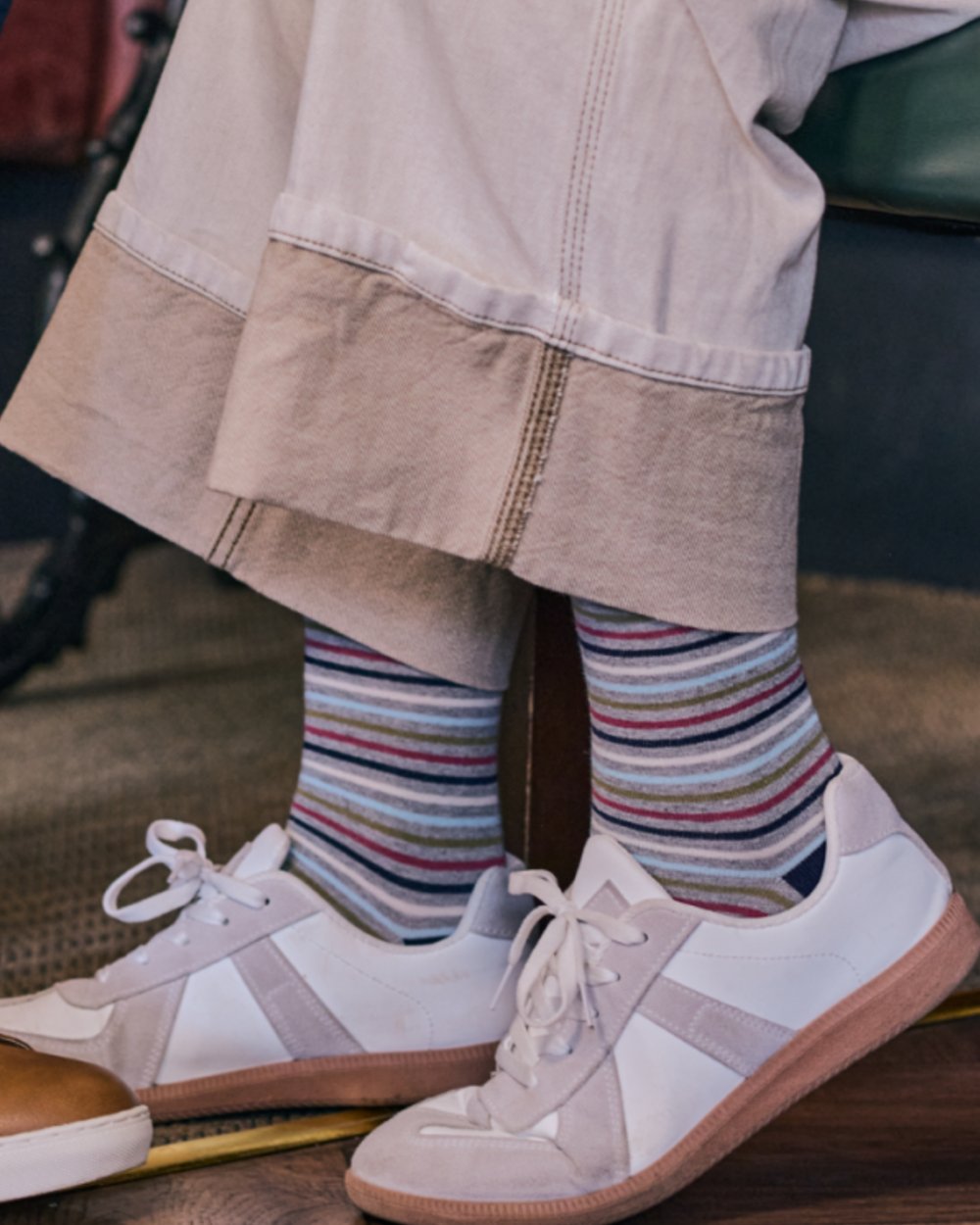 Mid Grey coloured HJ Hall Womens Stripe Cotton Comfort Top Socks on outdoor background 