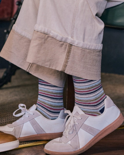 Mid Grey coloured HJ Hall Womens Stripe Cotton Comfort Top Socks on outdoor background 