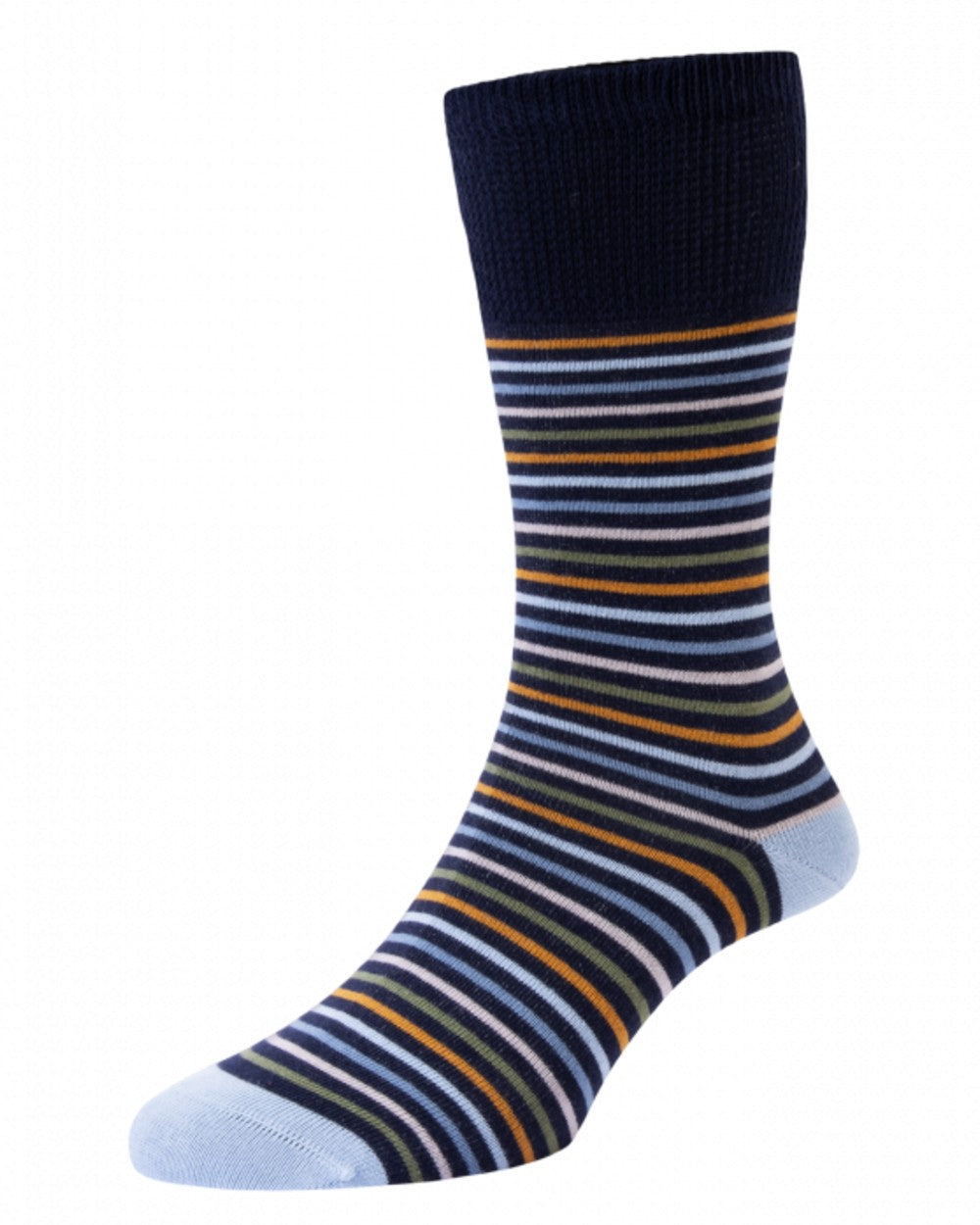 Navy coloured HJ Hall Womens Stripe Cotton Comfort Top Socks on white background 