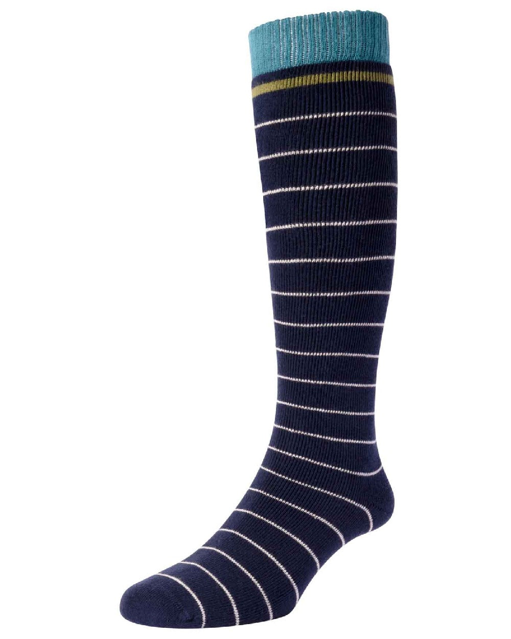 Navy coloured HJ Hall Womens Stripe Welly Socks on white background 