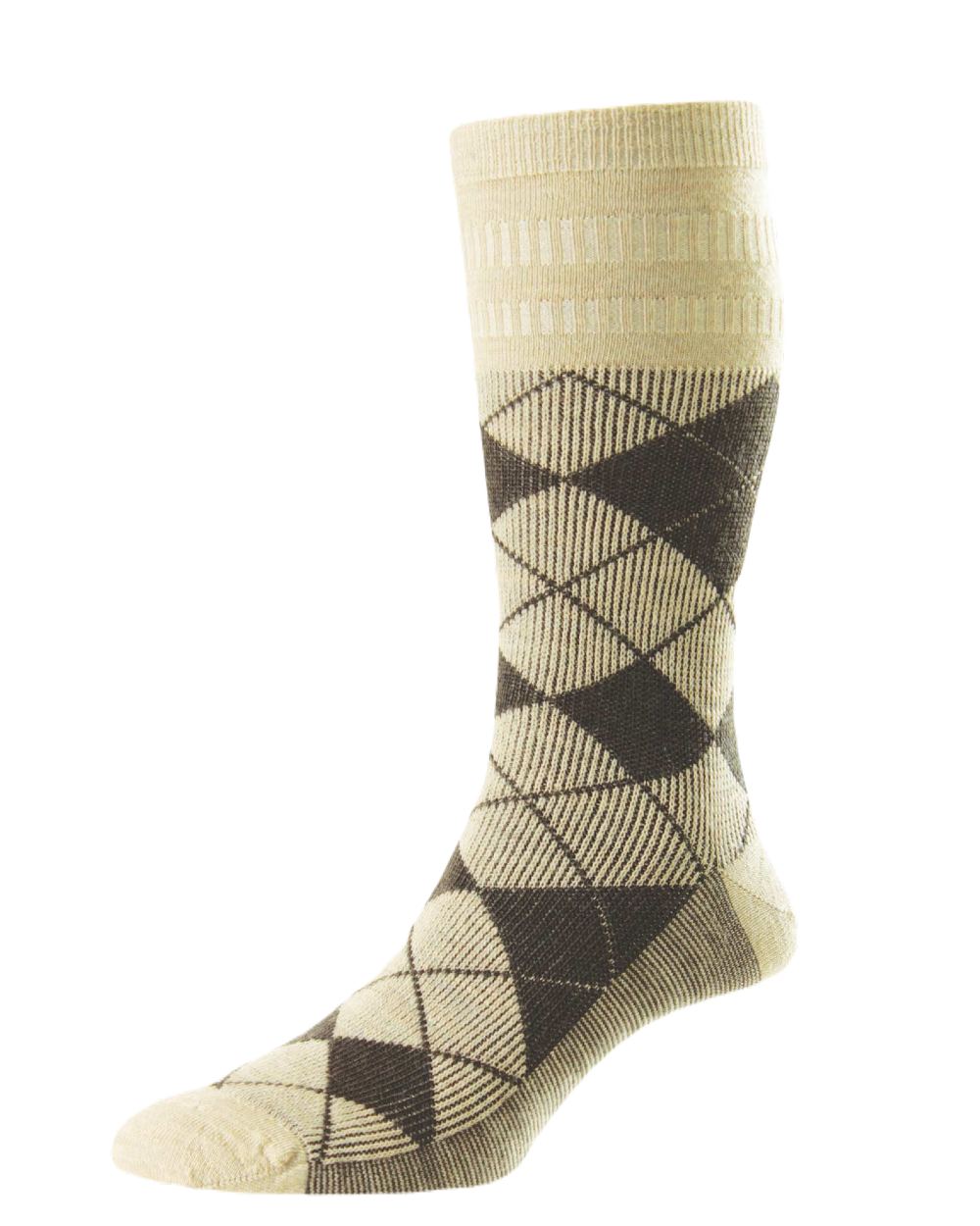 HJ Hall Argyle Wool Softop Socks In Oatmeal/Dark Brown 