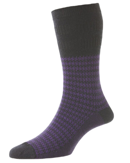 HJ Hall Houndstooth Wool Softop Socks In Purple 