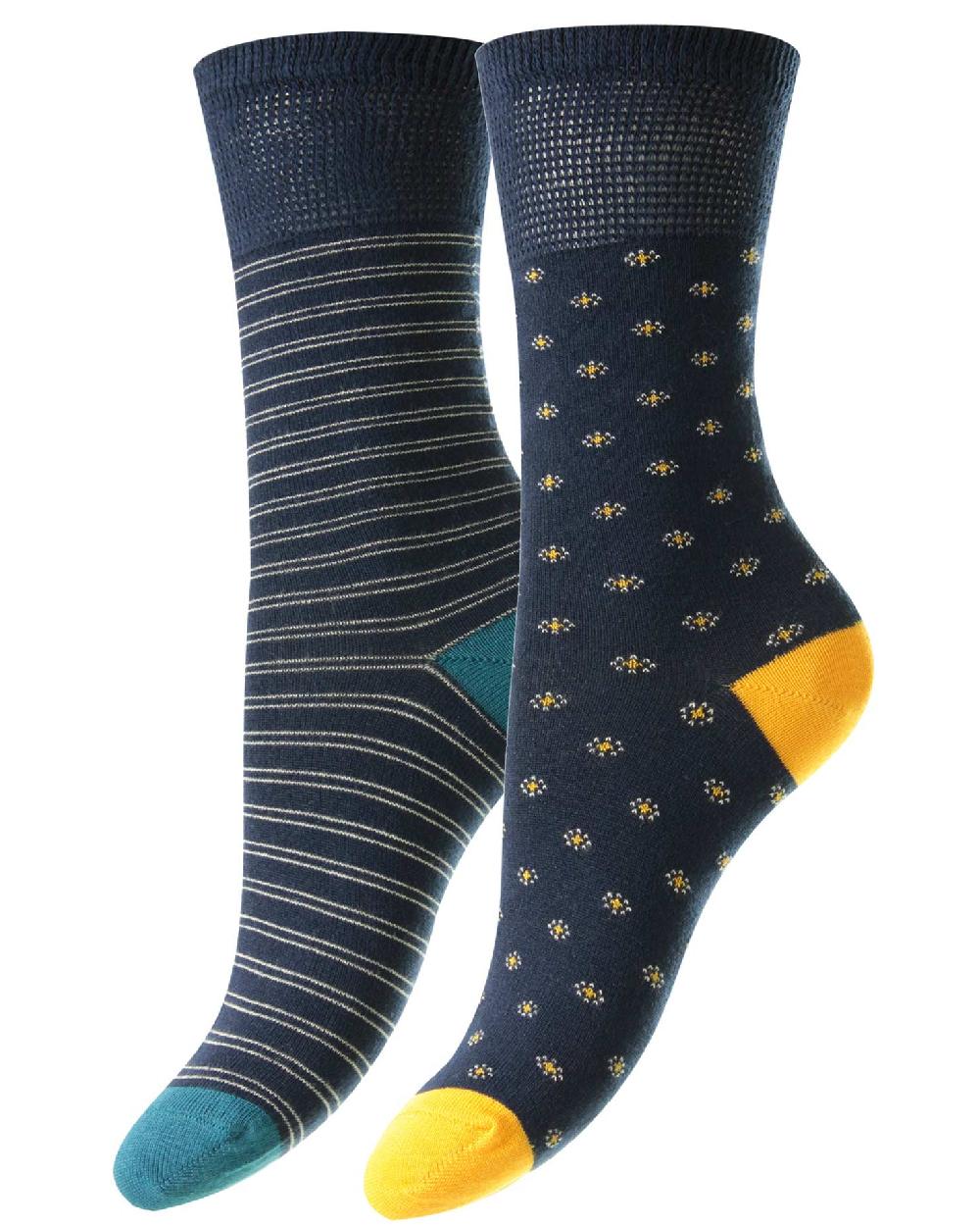 HJ Hall Daisy/Stripe Bamboo Comfort Top Socks | Twin Pack in Navy 