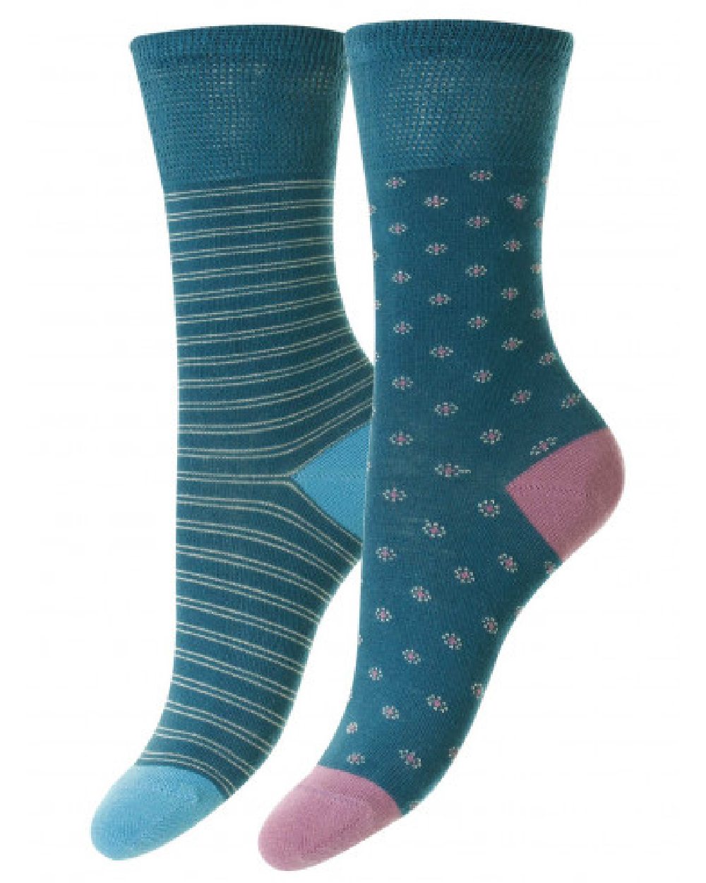 HJ Hall Daisy/Stripe Bamboo Comfort Top Socks | Twin Pack in Sea Green 