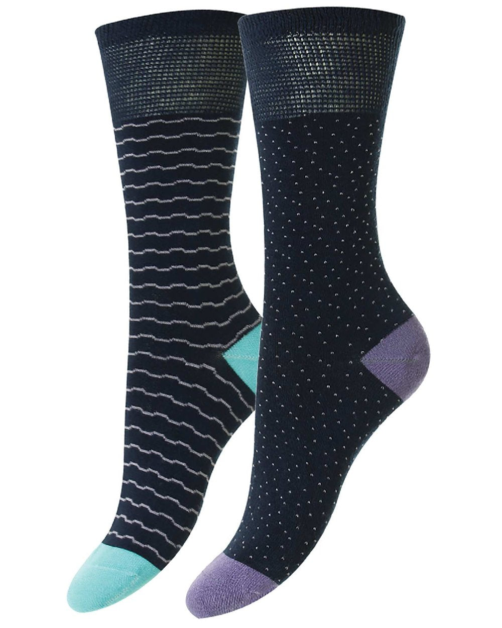 HJ Hall Daisy/Stripe Bamboo Comfort Top Socks | Twin Pack in Navy 