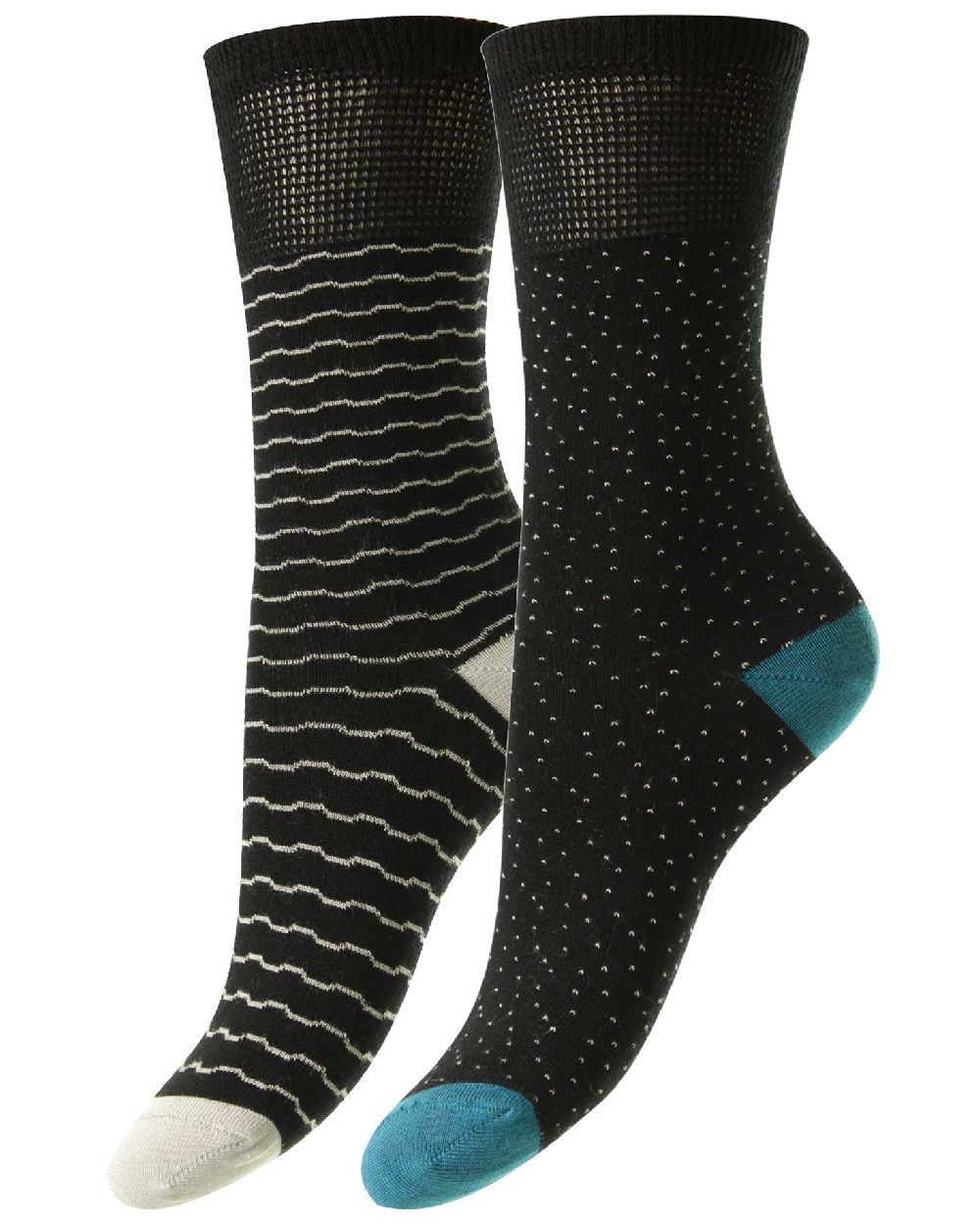 HJ Hall Daisy/Stripe Bamboo Comfort Top Socks | Twin Pack in Black 