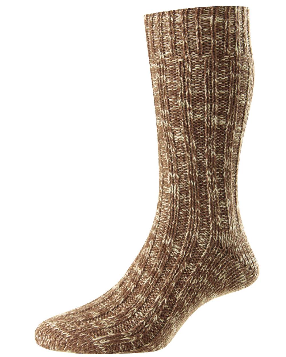 HJ Hall Mens Chunky Knit Wool &amp; Cotton Blend Socks in Brown Marl 