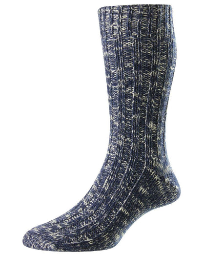HJ Hall Mens Chunky Knit Wool &amp; Cotton Blend Socks in Blue Marl 