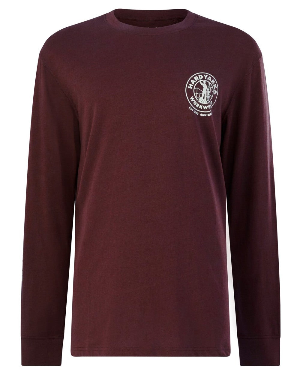 Burgundy coloured Hard Yakka Heritage Long Sleeve T-Shirt on white background 