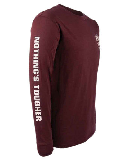 Burgundy coloured Hard Yakka Heritage Long Sleeve T-Shirt on white background 