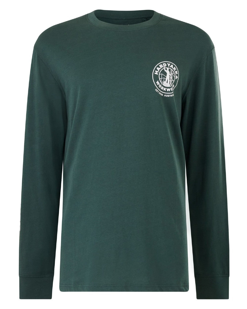Green coloured Hard Yakka Heritage Long Sleeve T-Shirt on white background 