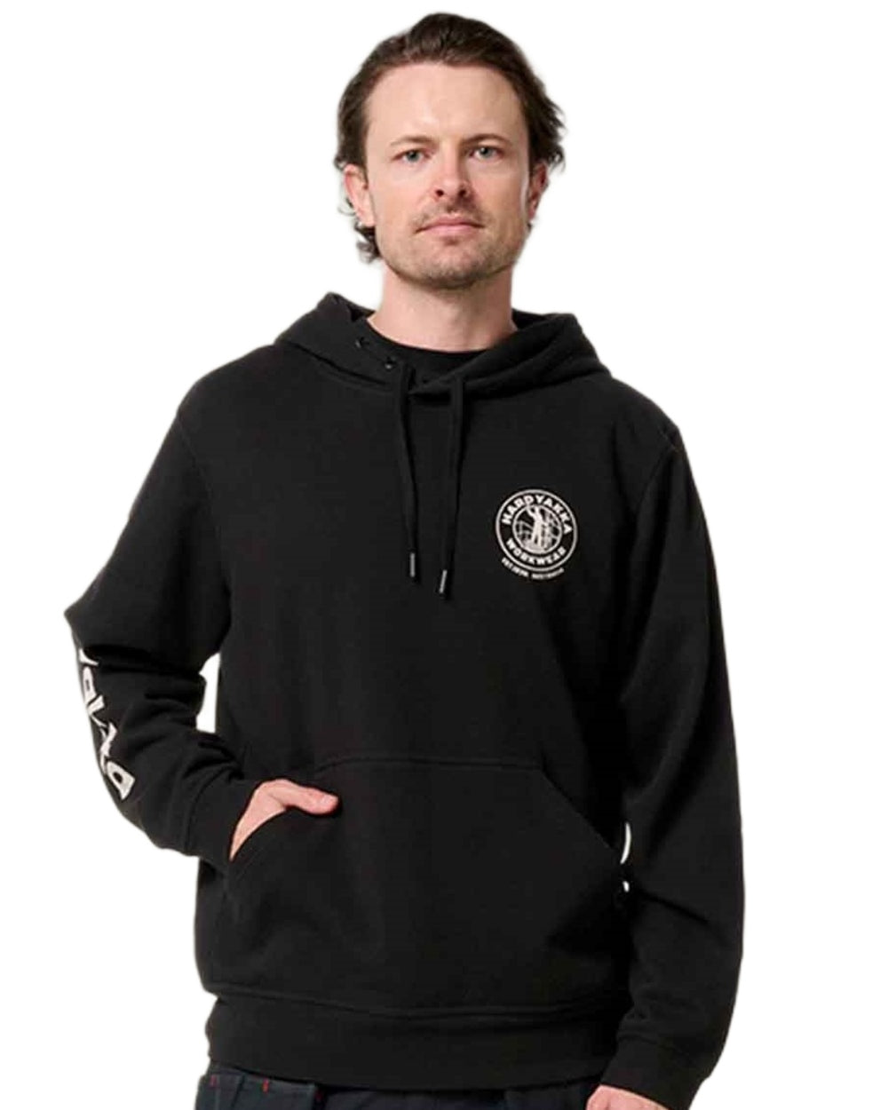 Black coloured Hard Yakka Mens Heritage Icon Hoodie on white background 