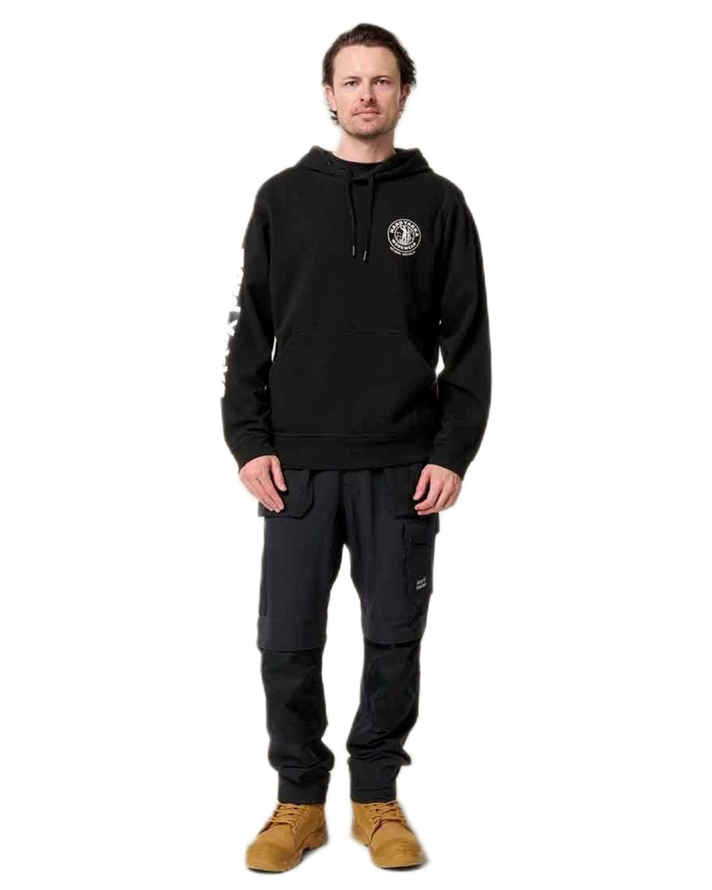 Black coloured Hard Yakka Mens Heritage Icon Hoodie on white background 